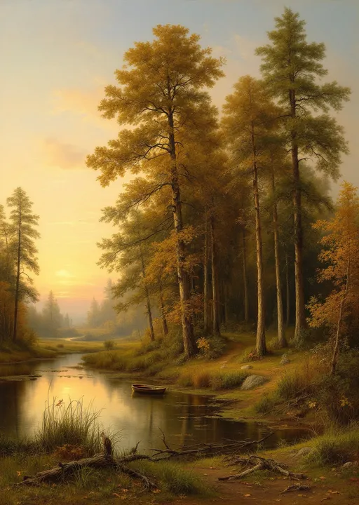 Prompt: A peaceful woodland landscape at  dusk, judging by the soft, golden light permeating the sky in the style of 19th-century realism . The tall trees dominate the composition, their slender trunks stretching high into the sky. Many of the trees have already shed a portion of their leaves, indicating that the scene takes place in the fall season. The leaves that remain are painted in warm hues of orange, amber, and gold, contrasting with the green pines and undergrowth.

At the base of the trees, there is a quiet, shallow pond or creek. The water reflects the soft glow of the sky and the surrounding trees, creating a tranquil, mirror-like surface. Small patches of green grass and reeds grow at the water’s edge, adding to the lush texture of the landscape. Fallen branches and leaves float gently on the water, emphasizing the natural, untouched feel of the environment.

On the right side of the painting, nestled near the water's edge, there is a small rowboat. The boat is empty and slightly sunken into the shore, hinting at human presence, perhaps abandoned or just resting there. Its inclusion adds a subtle narrative element to the otherwise wild and undisturbed scene.

The sky above the forest is painted with soft, warm tones—creamy yellows and gentle oranges—suggesting a quiet evening sunset. Light filters through the gaps in the trees, giving the entire scene a gentle, almost magical glow.