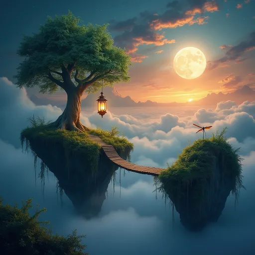 Prompt: floating islands covered by lush greenery and a tree growing on them connected by wooden bridges , a glowing lantern hanging from a vine  , a dragonfly , soft clouds and ethereal lighting with a peaceful , magical atmosphere , night sky with stars blending with the fiery sunset , mist , ethereal moon light