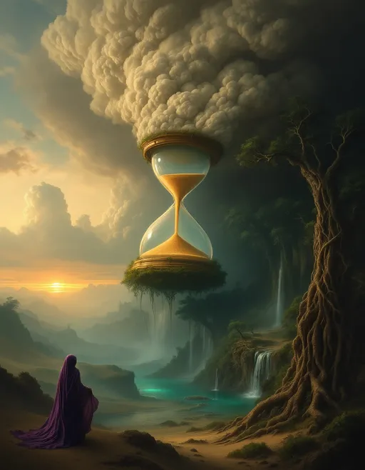 Prompt: A giant hourglass floating high up to the clouds shrouded in mist from which sand flows. A goddess wrapped in long, flowing purple veils ascends in flight toward the falling sand . Sand dunes covered by an enchanted, mysterious, lush forest with gnarled, lush, magical trees with tangled web of roots emerging from the ground. Waterfalls.  Mist. A turquoise pond. The most striking element is the sky . Thick, billowing clouds stretch across the sky, heavy and textured with tones of grey, brown, and hints of blue. These clouds seem to part just enough to reveal a glowing band of soft, golden-yellow light near the horizon, suggesting either a sunrise or a sunset. This light gently spills across the landscape, casting a muted radiance that enhances the depth and mystery of the scene. The style of 19th-century realism.