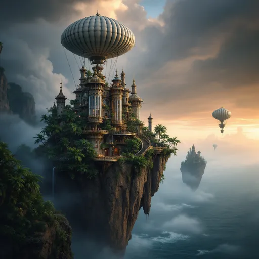 Prompt: A steampunk castle perched on a floating rocky cliff covered in lush tropical plants and palms with transparent tubes extending into the clouds through which elevators travel. Mist . Intricate mechanical details , brass and copper elements , a surreal, dreamlike atmosphere. The floating cliff hovers above a stormy sea shrouded in mist and clouds. The base of the cliff is narrow and pointed . Several similar floating cliffs are visible in the distance . Above the castle floats a large, elongated montgolfier balloon tethered tot he structure with ropes . Waterfalls.
 The most striking element is the sky . Thick, billowing clouds stretch across the sky, heavy and textured with tones of grey, brown, and hints of blue. These clouds seem to part just enough to reveal a glowing band of soft, golden-yellow light near the horizon, suggesting either a sunrise or a sunset. This light gently spills across the landscape, casting a muted radiance that enhances the depth and mystery of the scene. The style of 19th-century realism.
