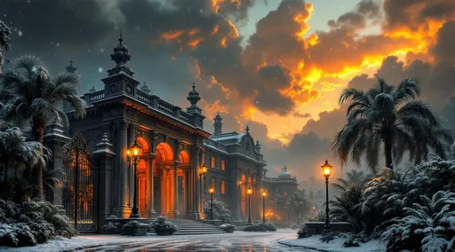 Prompt: A Victorian grand wrought-iron gate elaborately designed leading to a vast  palace with columns and tall arched windows . The windows glow warmly with orange lamplight. Inside the palace's snowy courtyard grow lush tropical plants and palm trees covered with frost and snow .
A heavy snowfall visible in the warm orange glow of a streetlamp at night. Thick snowflakes falling densely through the light creating a soft, dreamy atmosphere. The surroundings are dim and quiet with the snow gently blanketing the ground and the air filled with a magical winter stillness . The most striking element is the sky . Thick, billowing clouds stretch across the sky, heavy and textured with tones of grey, brown, and hints of blue. These clouds seem to part just enough to reveal a glowing band of soft, golden-yellow light near the horizon, suggesting either a sunrise or a sunset. This light gently spills across the landscape, casting a muted radiance that enhances the depth and mystery of the scene. The style of 19th-century realism. Mist . 