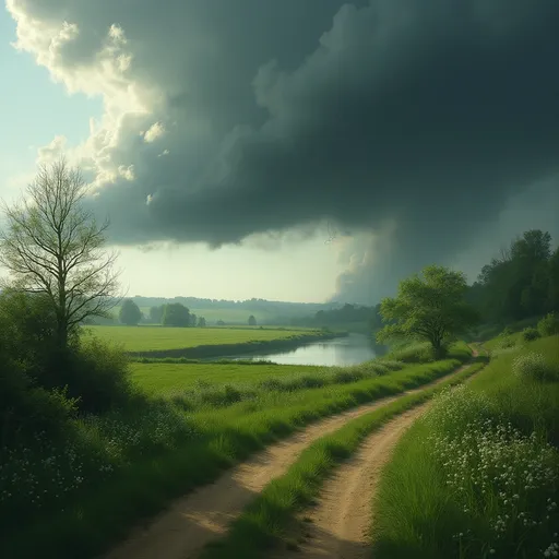 Prompt: A serene countryside landscape with a dirt path meandering through lush green grass, leading toward a small river or stream. The scene is bathed in soft, natural light, highlighting the various shades of green in the grass, bushes, and trees.
In the foreground, the grass appears vibrant and full of life, dotted with small white wildflowers. The dirt path, slightly worn, adds depth and guides the viewer's eye deeper into the painting. The middle ground features a calm body of water reflecting the greenery around it, bordered by dense vegetation and clusters of trees. Some of the trees are partially bare, suggesting either seasonal change or the effects of natural weathering.
In the background, rolling fields extend toward the horizon, blending into a distant tree line. Above, the sky is filled with heavy, dark clouds, possibly indicating an approaching storm. The contrast between the bright foreground and the ominous sky creates a dynamic and dramatic atmosphere. Photo-film noir style , dark color scheme , moody atmosphere, a giant menacing cloud looming omniously above , shadowy tendrils emerging from the cloud threatening to engulf the trees , dramating lighting casting sinister shadows , cold and eerie ambiance , tension-filled scene . Mist . 