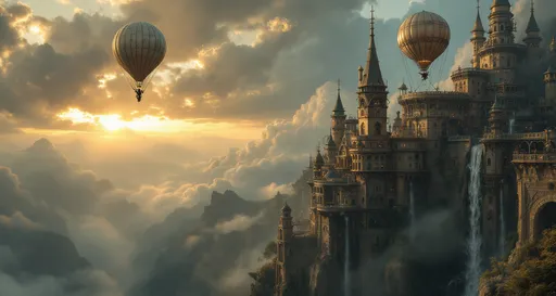 Prompt: A close-up on a flying man with wings made of metal feathers gliding through mist-shrouded towers of  steam-punk palaces perched on rocky cliffs. Intricate mechanical details, brass and copper elements. Above the palaces float elongated montgolfier balloons tethered to the structures with thick ropes.Mist. Waterfalls . The most striking element is the sky . Thick, billowing clouds stretch across the sky, heavy and textured with tones of grey, brown, and hints of blue. These clouds seem to part just enough to reveal a glowing band of soft, golden-yellow light near the horizon, suggesting either a sunrise or a sunset. This light gently spills across the landscape, casting a muted radiance that enhances the depth and mystery of the scene. The style of 19th-century realism.