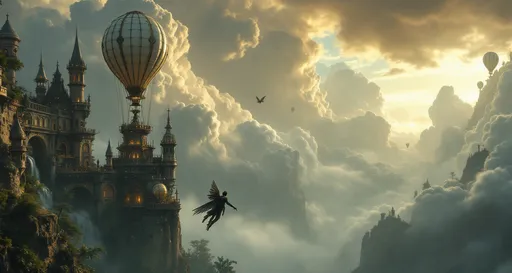 Prompt: A close-up on a flying man with wings made of metal feathers gliding through mist-shrouded towers of  steam-punk palaces perched on rocky cliffs. Intricate mechanical details, brass and copper elements. Above the palaces float elongated montgolfier balloons tethered to the structures with thick ropes.Mist. Waterfalls . The most striking element is the sky . Thick, billowing clouds stretch across the sky, heavy and textured with tones of grey, brown, and hints of blue. These clouds seem to part just enough to reveal a glowing band of soft, golden-yellow light near the horizon, suggesting either a sunrise or a sunset. This light gently spills across the landscape, casting a muted radiance that enhances the depth and mystery of the scene. The style of 19th-century realism.