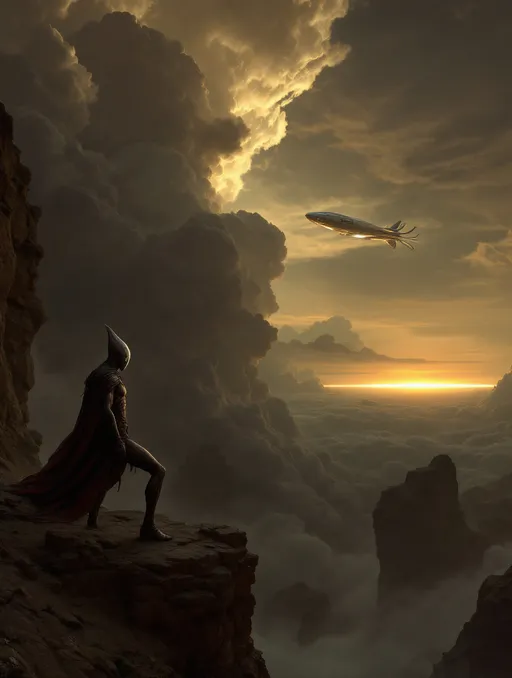 Prompt: An extraterrestrial humanoid warrior on a rocky cliff. A squid like extraterrestrial spaceship in the sky . Storm clouds .
The most striking element is the sky  . Thick, billowing clouds stretch across the sky, heavy and textured with tones of grey, brown, and hints of blue. These clouds seem to part just enough to reveal a glowing band of soft, golden-yellow light near the horizon, suggesting either a sunrise or a sunset. This light gently spills across the landscape, casting a muted radiance that enhances the depth and mystery of the scene.




