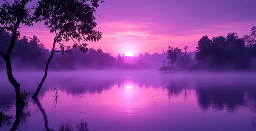 Prompt: Flooded rainforest. Mist. A purple gradient on the image from the top to the bottom. Purple sunset seen through branches touching the water surface .