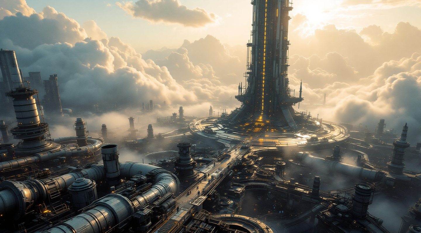 Prompt: A tall sci-fi tower piercing the clouds in the middle of a vast field of intricate network of pipes , platforms , mist , golden sunlight





