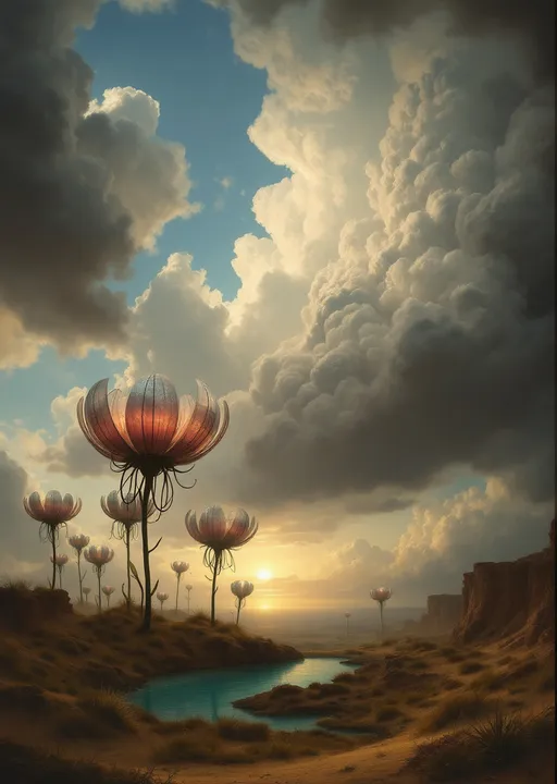 Prompt: Gigantic metal flowers enshrouded in mist and clouds growing up to the clouds sprouting from metal bulbs nestled on golden sand dunes .Sandy cliffs . Mist. A turquoise pond . The most striking element is the sky . Thick, billowing clouds stretch across the sky, heavy and textured with tones of grey, brown, and hints of blue. These clouds seem to part just enough to reveal a glowing band of soft, golden-yellow light near the horizon, suggesting either a sunrise or a sunset. This light gently spills across the landscape, casting a muted radiance that enhances the depth and mystery of the scene. The style of 19th-century realism.