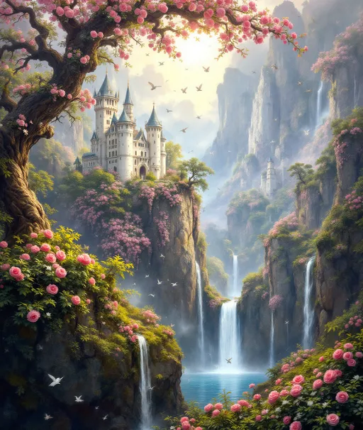 Prompt: A painting in the style of 19th-century realism. A white, fairytale castle perched on a jagged, rocky, misty cliff surrounded by massive, gnarled, lush trees covered in climbing pink and white roses. Sunlight. Hundreds of birds flying. Waterfalls. A blue lake.