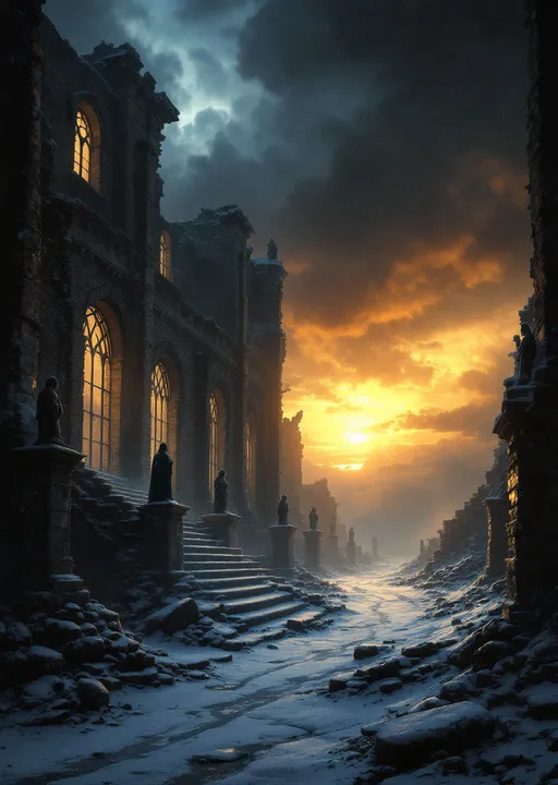 Prompt: The snow-powdered dark hall of a  dark, ruined castle with collapsed roof allowing heavy snowfall to pour inside. Arched  windows let in a cold, dim sunset light . Columns . Statues .  Mist. Snow blown by the wind.  Haunting, ethereal beauty . Night . Mysterious atmosphere.  The most striking element is the sky . Thick, billowing clouds stretch across the sky, heavy and textured with tones of grey, brown, and hints of blue. These clouds seem to part just enough to reveal a glowing band of soft, golden-yellow light near the horizon, suggesting either a sunrise or a sunset. This light gently spills across the landscape, casting a muted radiance that enhances the depth and mystery of the scene. The style of 19th-century realism.