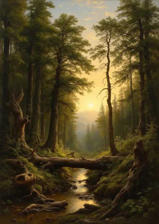 Prompt: A dense forest landscape in the style of 19th-century realism characterized by its emphasis on nature’s grandeur and mystery.
The scene captures a serene and somewhat mystical forest scene at dawn or dusk, with a soft golden light filtering through the tall, dense trees. The focal point is a shallow stream that flows gently through the forest, reflecting the light of the sky above. A fallen tree lies across the stream, forming a natural bridge and adding a sense of age and untouched wilderness to the setting.

The forest is lush and thick, with a variety of towering trees that stretch up toward the sky. The trunks are detailed with textured bark, and the leaves are depicted in various shades of green, indicating depth and the presence of both light and shadow. The light source, presumably the rising or setting sun, bathes the scene in a warm, golden hue, especially in the central background, where the trees thin out slightly to reveal distant foliage and possibly the silhouette of a mountain.

In the foreground, there are several gnarled and broken tree trunks and branches, adding a wild, untamed quality to the scene. Moss and undergrowth cover the forest floor, suggesting a long-standing ecosystem untouched by human presence. The fallen trees, twisted roots, and natural debris enhance the realism and drama of the composition.

The sky is visible through the canopy, glowing in a soft yellow tone that contrasts beautifully with the dark greens and browns of the forest. The transition between the illuminated sky and the darker forest depths draws the viewer's eye into the scene, creating a sense of depth and inviting exploration.

Overall, the image evokes a sense of tranquility, majesty, and the sublime beauty of untouched nature. The artist has masterfully used light, shadow, and intricate detail to bring the forest to life, emphasizing both its peacefulness and its powerful, mysterious atmosphere.