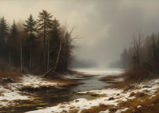 Prompt: A serene winter landscape in the style of 19th-century realism . The scene features a dense forest with a mix of tall coniferous and bare deciduous trees . The ground is covered with a light dusting of fresh snow which highlights the textures of fallen branches , moss and grass  . A marshy area cuts through the foreground reflecting the muted sky above . In the background the forest opens up to a distant clearing or frozen lake partially obscured by mist or atmospheric haze . The sky is overcast with heavy clouds suggesting an early winter morning or late autumn day just before a snowfall . The overall color palette is dominated by earthy browns , deep greens and cold grays with the white snow providing contrast . The trees have intricate details . A quiet almost melancholic mood to the scene evoking a sense of solitude and the transition between autumn and winter .