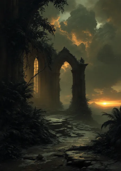 Prompt: The dark hall of a  dark, ruined castle overgrown with lush , tropical plants with collapsed roof allowing heavy snowfall to pour inside. Arched  windows let in a cold, dim sunset light . Columns . Statues .  Mist. Snow blown by the wind.  Haunting, ethereal beauty . Night . Mysterious atmosphere.  The most striking element is the sky . Thick, billowing clouds stretch across the sky, heavy and textured with tones of grey, brown, and hints of blue. These clouds seem to part just enough to reveal a glowing band of soft, golden-yellow light near the horizon, suggesting either a sunrise or a sunset. This light gently spills across the landscape, casting a muted radiance that enhances the depth and mystery of the scene. Mist. The style of 19th-century realism.