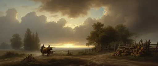 Prompt: A painting in the style of 19th-century realism. A peasant drives an ox-drawn cart along a muddy country road . He tries to pass through an open wooden gate set in a rustic wooden beams fence. Tall trees and bushes line the fence. A stack of chopped trunks rests nearby. Tree stumps. Mist. The most striking element is the sky . Thick, billowing clouds stretch across the sky, heavy and textured with tones of grey, brown, and hints of blue. These clouds seem to part just enough to reveal a glowing band of soft, golden-yellow light near the horizon, suggesting either a sunrise or a sunset. This light gently spills across the landscape, casting a muted radiance that enhances the depth and mystery of the scene. A painting in the style of 19th-century realism.