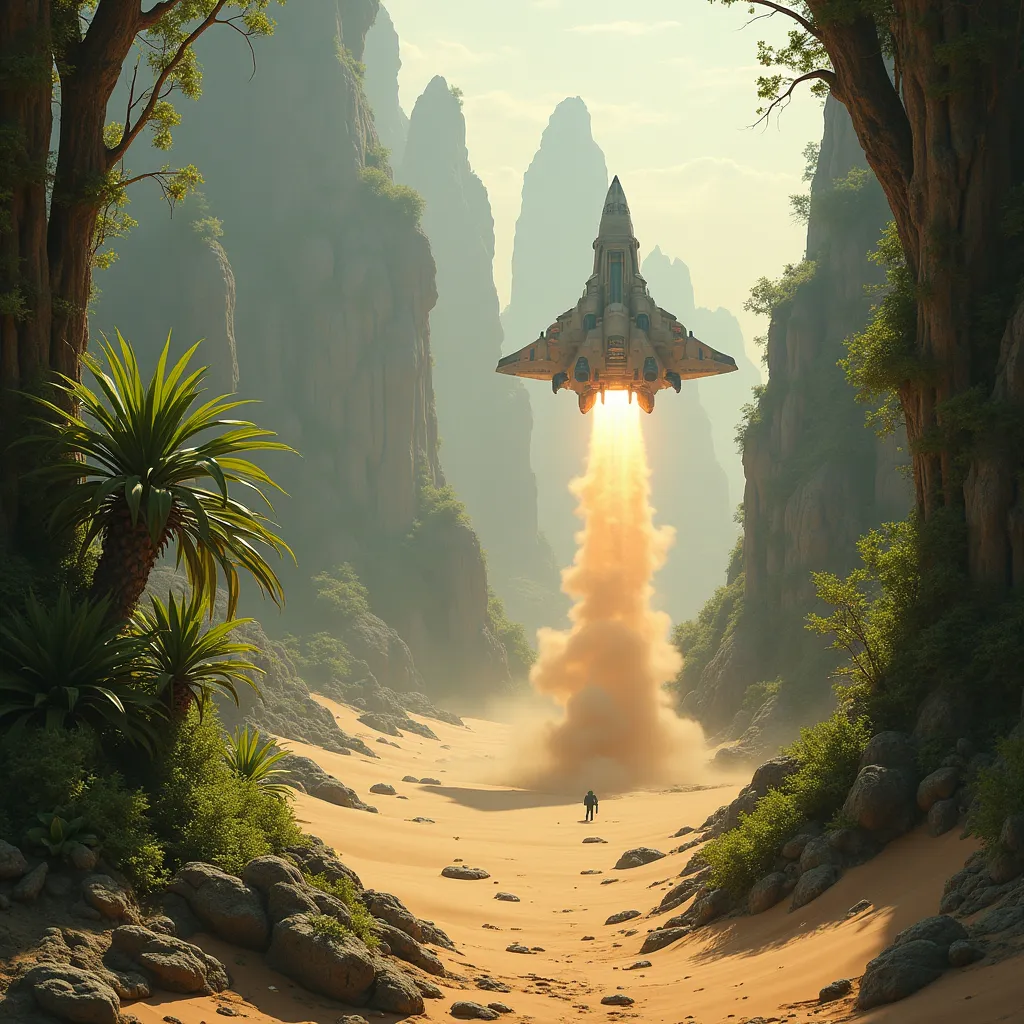 Prompt: Lushy jungle with trees and vines in the middle of the sand dunes surrounding sci-fi buildings , a  spaceship talking off with its jets on vertically raising clouds of dust, mist , sunlight