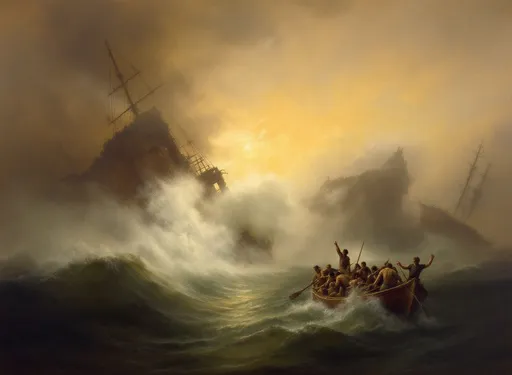 Prompt: A dramatic maritime scene in the style of 19th-century realism of a shipwreck in a stormy sea. The atmosphere is filled with mist and chaos, as towering waves crash against the remains of a sinking ship in the background. The broken masts and tattered rigging indicate the ship’s tragic fate, half-submerged in the violent waters.

In the foreground, a small wooden lifeboat is filled with desperate sailors struggling to escape the raging sea. The men, dressed in worn clothing, appear exhausted and distressed, with some gripping oars while others cling to each other. One figure at the front of the boat raises his arm, possibly signaling or praying for help. The lifeboat tilts precariously, caught in the powerful current, reinforcing the tension of the scene.

The sky above is a blend of muted colors, with hints of golden light breaking through the stormy clouds. This suggests a possible moment of hope or calm after the storm, adding emotional depth to the composition. The artist masterfully blends soft mist with the churning water, creating a sense of motion and uncertainty.

The scene captures the raw power of nature and the vulnerability of human life against it. The contrast between the wrecked ship, the struggling survivors, and the faint glimmer of light in the sky evokes themes of survival, despair, and hope. The realistic detail, combined with the dramatic use of light and shadow, makes the artwork highly immersive and emotionally compelling.