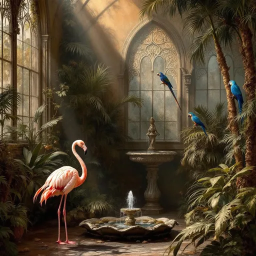 Prompt: A painting in the style of 19th-century realism.  A huge, dark, hazy Victorian greenhouse with arched, dirty, stained, weathered windows with richly decorated wrought iron frames shaped like intricate filigree featuring delicate curls and lace-like metalwork. A spout fountain with a statue and a basin on the floor shaped like a seashell filled with mossy, wet rocks. Lush tropical plants and palms. A flamingo balanced on one leg its head gently tucked beneath its wing. Perched on branches lyre birds with long tails. Perched on a branch a blue Ara Macaw parrot. Golden sunlight. Sunlight shafts.