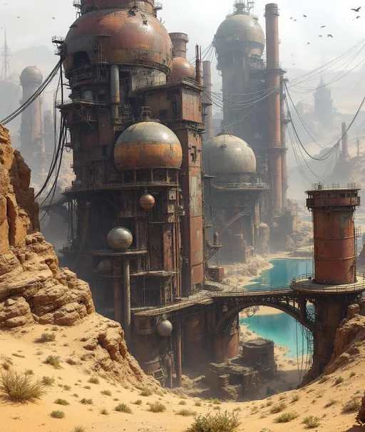 Prompt: Towering post-apocalyptic structures rise from the heart of the desert built from massive , rusted steel plates patched together , metal sheets , corroded pipes and repurposed industrial tanks . The buildings appear cobbled together from old ship hulls , factory parts and weather-beaten scrap forming an uneven skyline of oxidized domes , cylindrical silos , reinforced walkways and towering chimneys. The surfaces are covered in grime, scorch marks and peeling paint . The towering structures are interconnected by elevated metal bridges and catwalks suspended in the air like skeletal ribs . Dozens of thick, black cables snake between the structures, stretching across the sky like tangled webs. Sandy cliffs. Mist. A turquoise lake. Scattered bushes . Sunlight . Birds flying high. The hot desert sun casts sharp shadows highlighting the chaos and decay of this brutal , scavenged metropolis .