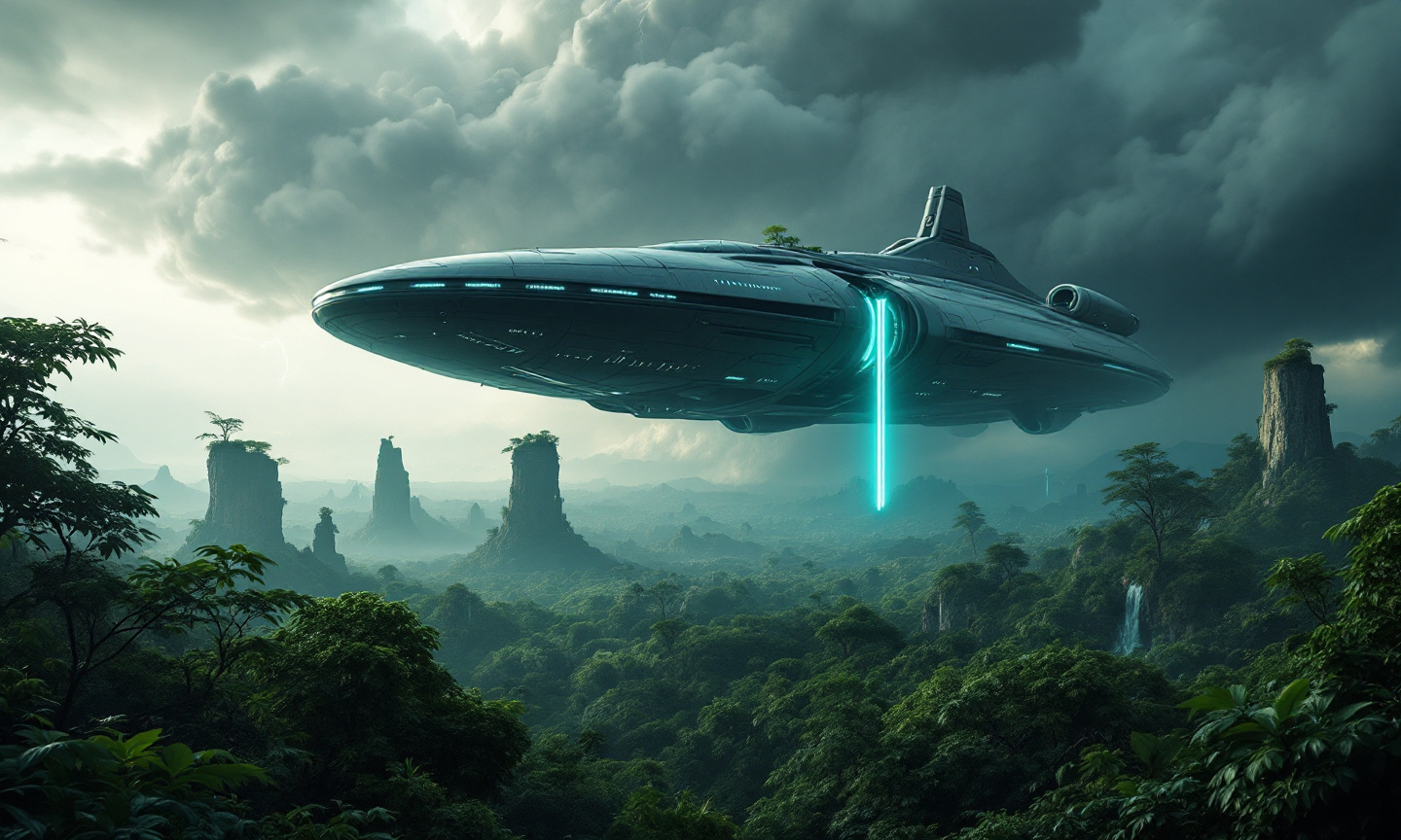 Prompt: In the distance a huge, sleek, futuristic spacecraft hovers low over a dense , verdant lush jungle its vertical engines glowing with teal-blue luminescence . The design of the ship is elegant with curved lines and glowing circuit-like details suggesting advanced alien technology. The craft emits a faint vertical beam of light from its engines indicating motion or hovering propulsion
Beneath the ship stretches a vast, untouched lush jungle teeming with dark green foliage that blasnkets the land in soft, undulating waves . Waterfalls. Rising dramatically from this sea of trees are several scattered towering , vertical rock formations . These natural pillars are covered with sparse vegetation and small trees clinging to their surfaces and tops giving the scene a mystical, otherworldy feel.
In the background the sky is ominously overcast with a thick, huge, swirling storm cloud above the horizon. In the eye of the storm a bolt of lightning splits the sky adding tension and energy to the composition . The lighting is moody and cinematic with a subtle glow illuminating the tops of the trees and the rock pillars contrasting with the storm clouds .
The overall atmosphere of the scene is one of awe and mystery as if the viewer is witnessing an alien world untouched by time .