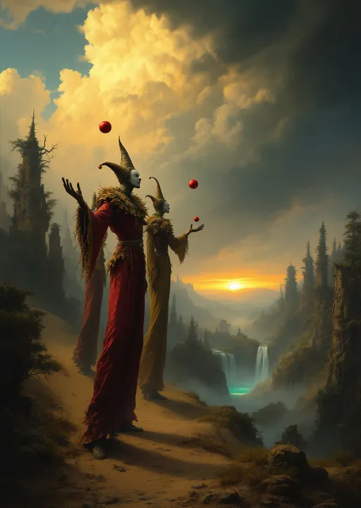 Prompt: Three harlequins on towering stilts covered by long pants reaching the clouds juuggling red balls shrouded in mist and clouds walking through sand dunes covered  with an enchanted , mysterious, lush forest with gnarled, lush, magical trees with tangled web of roots emerging from the ground . Strange, mysterious, slender towering ruins. Waterfalls. Mist. A turquoise pond . The most striking element is the sky . Thick, billowing clouds stretch across the sky, heavy and textured with tones of grey, brown, and hints of blue. These clouds seem to part just enough to reveal a glowing band of soft, golden-yellow light near the horizon, suggesting either a sunrise or a sunset. This light gently spills across the landscape, casting a muted radiance that enhances the depth and mystery of the scene. The style of 19th-century realism .