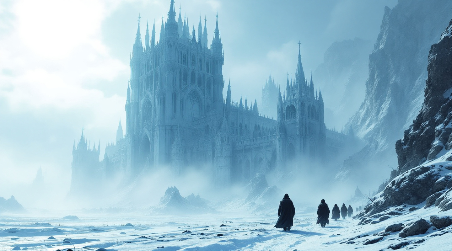 Prompt: On the left side a towering , ancient fortress of ice and stone rises from the frozen wasteland its gothic spires and intricate carvings covered in snow and frost . The colossal structure looms over the desolate landscape partially shrouded in mist and illuminated by the cold , pale light of the distant sun . In the foreground a small group of travelers dressed in heavy cloaks carefully make their way through the snow covered terrain dwarfed by the overwhelming scale of the icy citadel . The atmosphere is eerie and mysterious evoking a sense of ancient power and forgotten legends . Thick mist . Wind blown-snow . Sunlight
