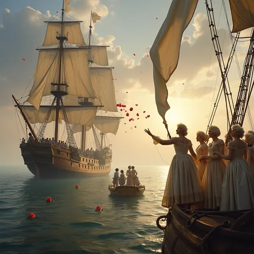 Prompt: A Baroque-era scene with the view of the stern of a sail warship  . A group of women and men wearing powdered wigs in the style of King Louis XV dressed in white satin gowns ( with corsets ) and coats   throw roses  into the water from the stern of a grand sail warship toward a small sailboat drifting behind the ship laughing and gesturing. Roses floating on the water . In the sailboat more men and women also dressed in white with powdered wigs gesture animatedly and laugh toward those on the warship  creating an atmosphere of elegance on the open sea . Mist . Sunset