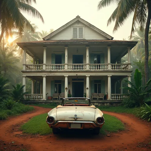 Prompt: A tropical decaying white big colonial house with two stories and a sloped roof . The ground floor features a spacious veranda running the entire lenght of the facade supported by white columns . The veranda is furnished with rocking chairs , wicker chairs and pots with tropical plants. The upper floor also has a large veranda spanning the facade with white columns and a decorative balustrade . Windows with shutters . The house is surrounded by reddish-brown mud and invaded by overgrown lush wild tropical vegetation . In front of the house there is a circular patch of grass with palm trees and wild  lush tropical vegetation . A vintage white convertible 1920's car is parked in front of the house . Golden sunset light . Mist