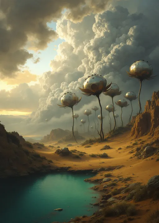 Prompt: Gigantic metal flowers enshrouded in mist and clouds growing up to the clouds sprouting from metal bulbs nestled on golden sand dunes .Sandy cliffs . Mist. A turquoise pond . The most striking element is the sky . Thick, billowing clouds stretch across the sky, heavy and textured with tones of grey, brown, and hints of blue. These clouds seem to part just enough to reveal a glowing band of soft, golden-yellow light near the horizon, suggesting either a sunrise or a sunset. This light gently spills across the landscape, casting a muted radiance that enhances the depth and mystery of the scene. The style of 19th-century realism.