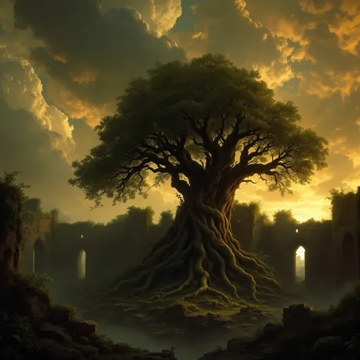 Prompt: A massive, gnarled and lush tree with an intricate web of roots growing inside a ruined, vast, dark cathedral. Mist. Walls covered in creeping vines and moss . The most striking element is the sky . Thick, billowing clouds stretch across the sky, heavy and textured with tones of grey, brown, and hints of blue. These clouds seem to part just enough to reveal a glowing band of soft, golden-yellow light near the horizon, suggesting either a sunrise or a sunset. This light gently spills across the landscape, casting a muted radiance that enhances the depth and mystery of the scene. The style of 19th-century realism.
