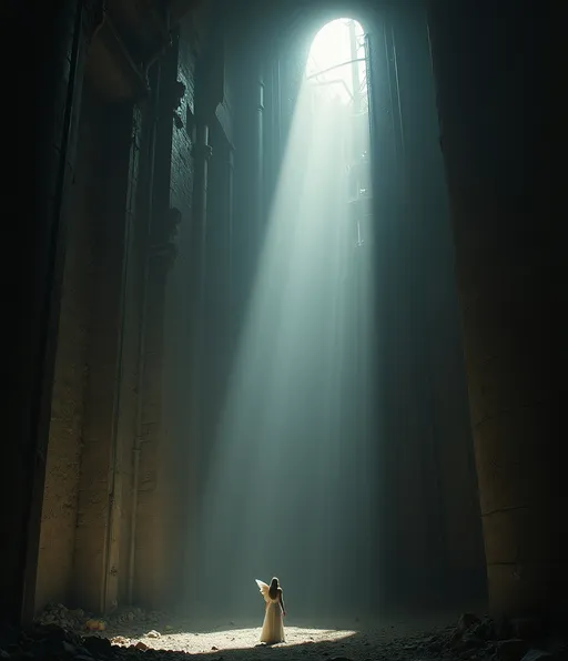 Prompt: Inside a vast, dark industrial chimney where light barely penetrates an angel ascends from the shadows toward the light .
