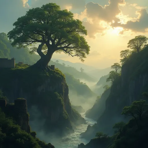 Prompt: A huge tree is standing on a slope of a lushy ravine , the sun leaves shadows on the earth among the clouds , ruins of a fortification , a small waterfall , a river flowing , forest  , mist