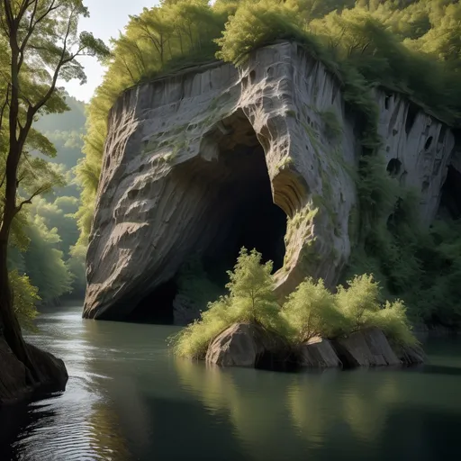 Prompt: high rock hollowed by water from one side to the other covered with thickets and small trees lit by sun