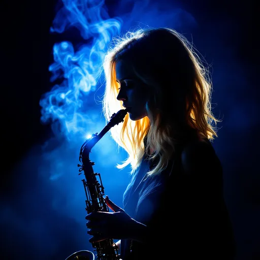 Prompt: The silhouette of a blonde female singer playing the saxophone on a stage with lights against a blue spotlight . Smoke and mist fill the scene creating a moody and atmospheric effect . A blue lens flare .