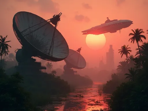 Prompt: A dark , dystopian sci-fi scene set at sunset featuring massive abandoned, worn and decayed , covered in overgrown lush tropical plants satellite dishes in a swampy lush tropical jungle. Mist and steam rise from the swamp . The environment is bathed in a warm , reddish glow with dust and fog creating a mysterious ambiance . A large , worn, decayed, covered in lush, tropical plants mechanical radar dish dominates the foreground its structure appearing rugged and weathered. In the background more satellite arrays and towering industrial buildings extend into the distance . A massive , long, sleek futuristic spacecraft with red lights hovers in the sky partially obscured by haze adding a sense of depth and scale . The overall mood is cinematic evoking a post-apocalyptic or cyberpunk aesthetic . Reddish sunset . Mist