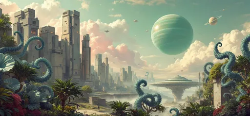 Prompt: A painting in the style of 19th-century realism. Cube-shaped sci-fi buildings. Bizarre, exotic plants featuring large blue curling leaves and coiled tendrils. A giant, ringed, green gaseous planet with satellites in the sky. Mist. Puffy, pink clouds. Sunlight.
