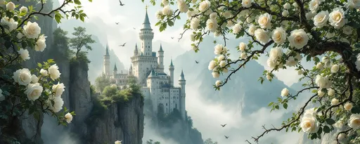 Prompt: Long thorny branches coiled with hundreds of white roses partially obscure a towering white fairytale castle perched high on jagged cliffs. Mist. Birds flying. Sunlight .