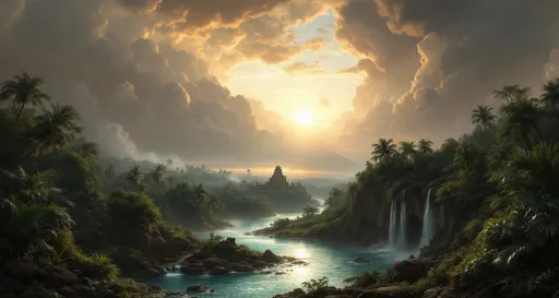 Prompt: Rocky winding river in a lush tropical jungle with plants and palms. Mist . Waterfalls. Turquoise pool . Mayan ruins .
The most striking element is the sky . Thick, billowing clouds stretch across the sky, heavy and textured with tones of grey, brown, and hints of blue. These clouds seem to part just enough to reveal a glowing band of soft, golden-yellow light near the horizon, suggesting either a sunrise or a sunset. This light gently spills across the landscape, casting a muted radiance that enhances the depth and mystery of the scene. The style of 19th-century realism .