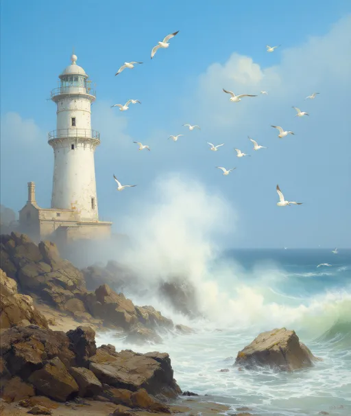 Prompt: A painting in the style of 19th-century realism. A painting in pastel colors. On the left side of the image an abandoned, white lighthouse standing at the edge of the sea  , pastel light blue waves crashing against the rocky shore with foamy spray . Dramatic and atmospheric seascape. Rocks. Mist. Blue sky . Above the water a flock of white seagulls some flying high others swoop lower enhancing the sense of motion and freedom.
