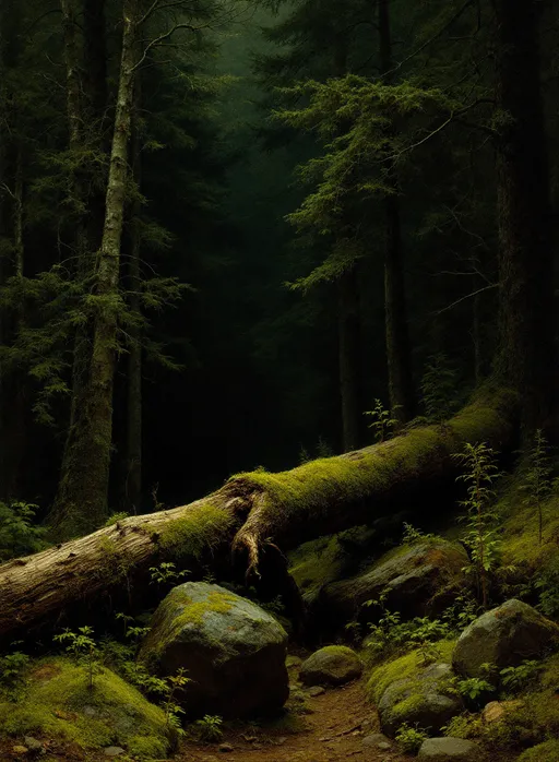 Prompt: A dense, shadowy forest scene in the style of 19th-century realism .
The scene captures a deep coniferous forest, bathed in dim, earthy light. The forest is densely packed with tall pine and spruce trees, their trunks rising vertically and disappearing into the dark green canopy above. The trees vary in thickness, and many are covered with patches of moss and lichen, emphasizing the age and moistness of the forest. Their branches, some bare and others draped with needles, reach out in jagged, angular directions.

In the foreground, the forest floor is uneven and richly carpeted with thick, velvety green moss. Large rocks protrude from the earth, partially covered in moss, blending seamlessly with the surrounding undergrowth. A prominent fallen tree trunk stretches horizontally across the lower part of the scene, its exposed roots twisted and gnarled, suggesting it has been lying there for some time. Smaller, spindly saplings grow amongst the underbrush, struggling for light under the dense canopy.

The middle ground fades into darkness, where the trees grow even closer together, creating a sense of depth and mystery. The dense shadows give the impression that the forest continues indefinitely, evoking a sense of quiet, solemn solitude. There is no visible wildlife or human presence, enhancing the pristine, untouched quality of the wilderness.

The overall mood of the painting is tranquil yet slightly haunting, with the meticulous attention to natural detail creating a powerful sense of immersion in an ancient, undisturbed forest.