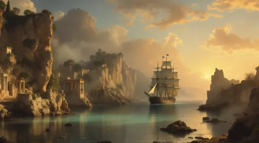 Prompt: A sailing ship exiting a cove surrounded by rocky cliffs covered in vegetation . Greek ruins . Mist. Turquoise water . Sunset. The style of 19th-century realism .