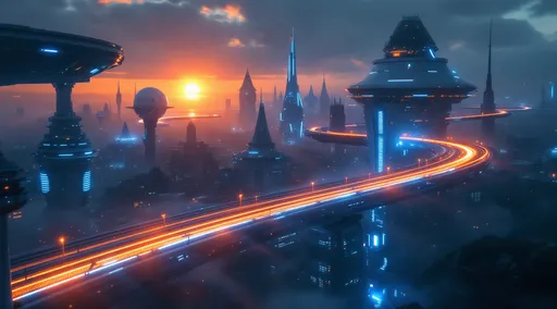 Prompt: A suspended sci-fi information superhighway carrying streams of bright blue and orange light beams winding its way through a dark futuristic sci-fi cityscape. Mist. The highway twists and curves between towering white sci-fi buildings in spherical , pyramidal , truncated cone and truncated pyramid shapes covered with scattered blue and orange lights . Darkness. Sunset .