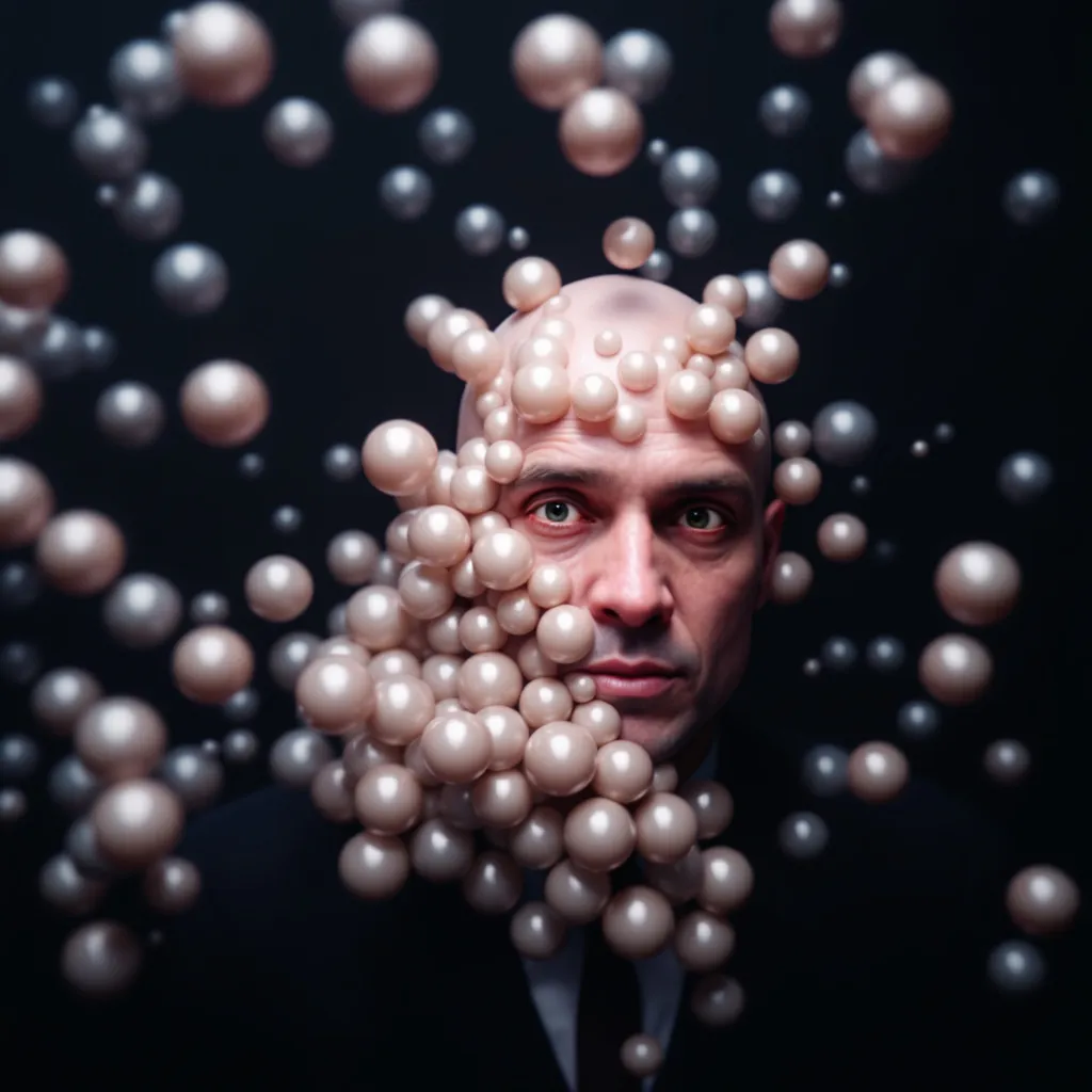 Prompt: A bald man wearing a suit and tie . His body is disintegrated in a dense network of clusters. These clusters are roughly spherical and semi-translucent. They are layered tightly across his body features, distorting his appearance but not entirely obscuring it—his eyes, mouth, and general facial structure remain barely discernible through the digital overlay.

The CGI is rendered with careful attention to light interaction and surface texture. Each cluster reflects ambient light with a soft, organic sheen, giving them a wet, slightly gelatinous look. The light bounce on their surfaces adds a three-dimensional realism to the effect, enhancing the grotesque transformation. The edges of the CGI blend relatively smoothly into the underlying live-action footage, though some edges show the distinct outlines where the digital elements are composited.

The animation likely includes subtle motion or warping effects to the nodules as they pulse or shift slightly—though this can't be confirmed from a still frame, such dynamics are typical of such effects in motion. The darkness surrounding the character serves to heighten the contrast, making the CGI elements stand out starkly and increasing the visual impact.He stands in a small , empty , dimly lit room with a barred window and a door . 