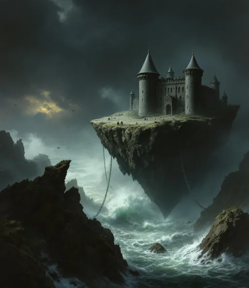 Prompt: An aerial view of a massive black castle with round towers and conical roofs built on jagged rocks on an inverted pointy floating rock above a stormy sea with foamy, crashing waves. The floating rock is chained to the rocky cliffs below with tens of massive iron chains. Mist. Dramatic, stormy sky. Birds flying. Atmospheric lighting.  A painting in the style of 19th-century realism.