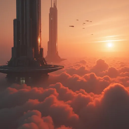 Prompt: An impressive sci-fi landscape dominated by colossal towering megastructures rising above a sea of reddish-orange-pink smeared clouds . The sun positioned near the horizon casts a diffuse and warm light creating an enigmatic atmosphere with golden and reddish tones in the dense air . In the foreground a massive, towering , imposing , sleek and thin building rises near the edge of the image. Its surface is covered with complex metallic structures, panels and industrial details suggesting an advanced vertical metropolis. The edges are sharp and the architectural details are minimalist yet functional evoking a cyberpunk or futuristic brutalist style . In the background two other colossal thin megastructures emerge from the smeared atmospheric haze offering a sense of depth and vastness . Thin lines enhance the feeling of advanced technology . In the sky swarms of small spacecrafts fly in precise formation indicating an extremely organized and technologically superior civilization . Overall the scene conveys an atmosphere of isolation but also technological grandeur . Reddish-orange-pink smeared mist . Sunset.
