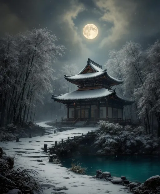 Prompt: A temple in the middle of a snow-covered bamboo forest. Mist. Snowflakes gently falling through the cold air covering the leaves and ground in white  .A serene, meditative atmosphere. A turquoise pond. Dark night . Full moon . Dramatic backlit clouds . The style of 19th-century realism .