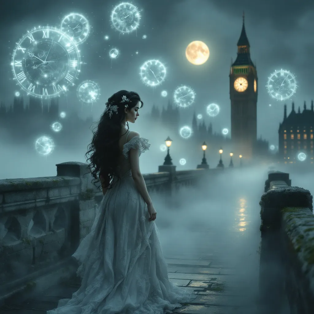Prompt: A surreal ,ethereal scene . A view with the back of a young woman with a Victorian hairstyle featuring dark, long, glossy hair styled into voluminous structured waves that cascade down her shoulders with sections elegantly pinned back using decorative hairpieces . The woman is wearing a Victorian-era nightgown and she is walking on a old ,medieval stone bridge at night . Around her ghostly, translucent pendulum clocks float in the misty air . In the distance illuminated by the ethereal moon Big Ben stands at the edge of the Thames which is shrouded in mist . Dreamy and eerie atmosphere . Dark , overcast sky