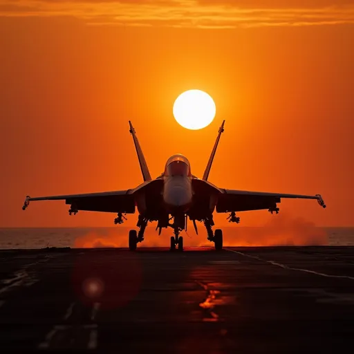Prompt: The silhouette of a F-14 Tomcat on a aircraft carrier against a vibrant orange sunset  . Mist