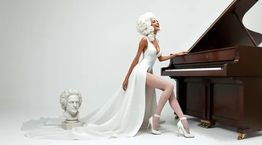 Prompt: A slender woman wearing a white hybrid gown that blends Baroque elegance with modern fashion - structured bodice, flowing train and a high slit. She wears thin white stockings with white garters and white high-heeled shoes. She has an elaborate, white powdered wig and a beauty mark. The woman is leaning forward laughing heartily. One leg bare up to the hip is confidently resting on the marble bust of Beethoven placed on the floor. An upright piano. White background