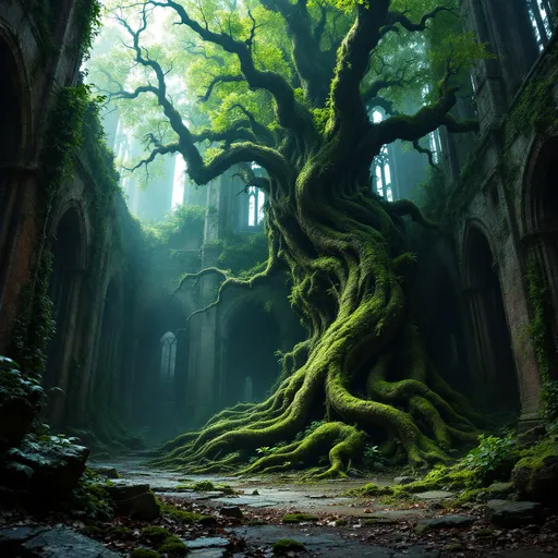 Prompt: A massive, gnarled and lush tree with an intricate web of roots growing inside a ruined, vast, dark cathedral. Mist. Walls covered in creeping vines and moss .
