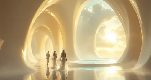 Prompt: Tall men and tall women with white hair dressed in sleek white futuristic clothing walking in a surreal and futuristic yet organic city with enormous , sweeping blending organic-looking arches curving elegantly upwards resembling the inside of a luminous , futuristic cathedral. The walls and the arches are smooth creamy-white (butter color ) and softly reflective catching the golden light that floods the space . The illumination is warm and ethereal with sunlight pouring through unseen openings casting diffused shadows across the arched surfaces . The overall atmosphere feels sacred , timeless and slightly otherworldy. Mist. A turquoise pool.
 The most striking element is the sky . Thick, billowing clouds stretch across the sky, heavy and textured with tones of grey, brown, and hints of blue. These clouds seem to part just enough to reveal a glowing band of soft, golden-yellow light near the horizon, suggesting either a sunrise or a sunset. This light gently spills across the landscape, casting a muted radiance that enhances the depth and mystery of the scene. The style of 19th-century realism .
